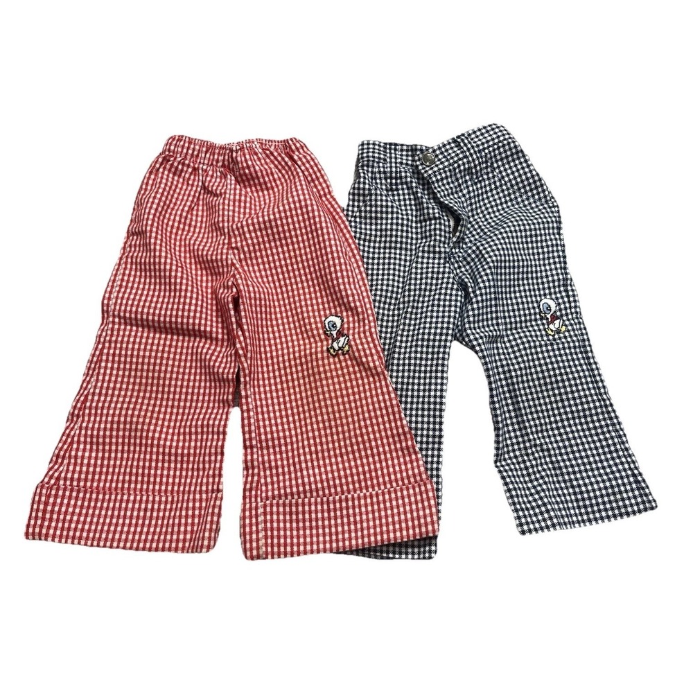 Lot Of 2 Vtg Buster Brown Checkered Pants Red Navy White Duck Size 2T